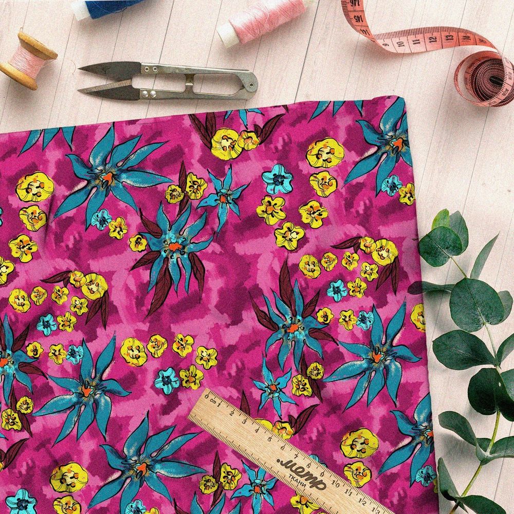 Ткань блэкаут синие и горчичные цветы