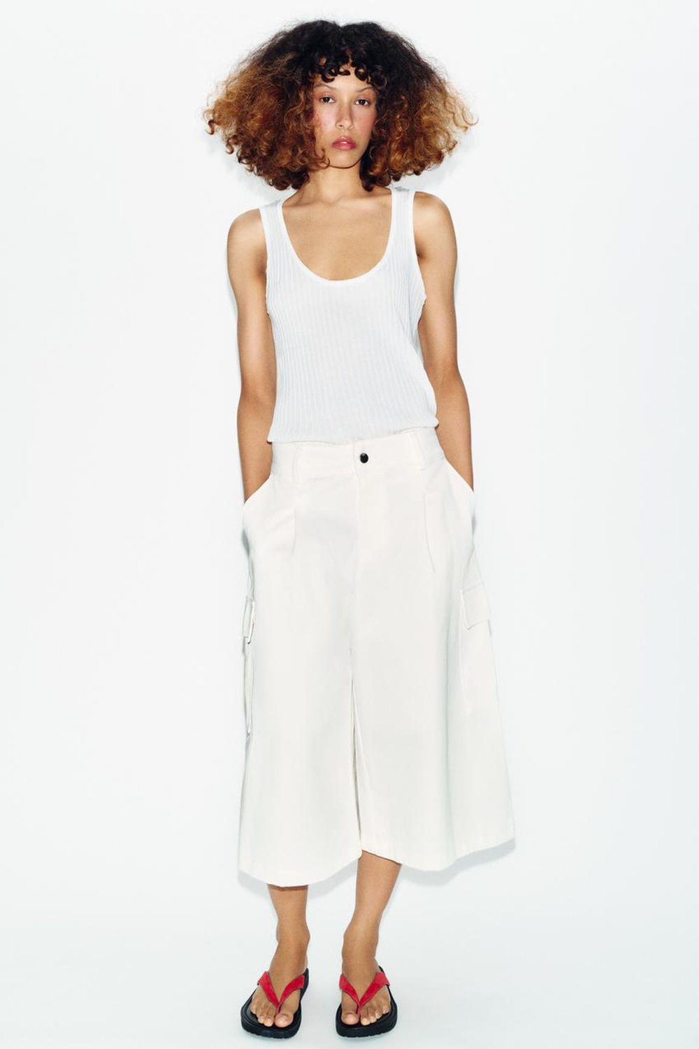 ZARA КОМБИНИРОВАННЫЙ ПОЛУПРОЗРАЧНЫЙ ТРИКОТАЖНЫЙ ТОП, БЕЛЫЙ