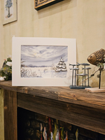 Картина авторская акварельная в паспарту 30х40 см на стену для интерьера "Поздний рассвет. Зима"