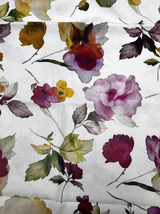 Плательная лен принт цветы бордо/розовые на белом PHARMA RH#5