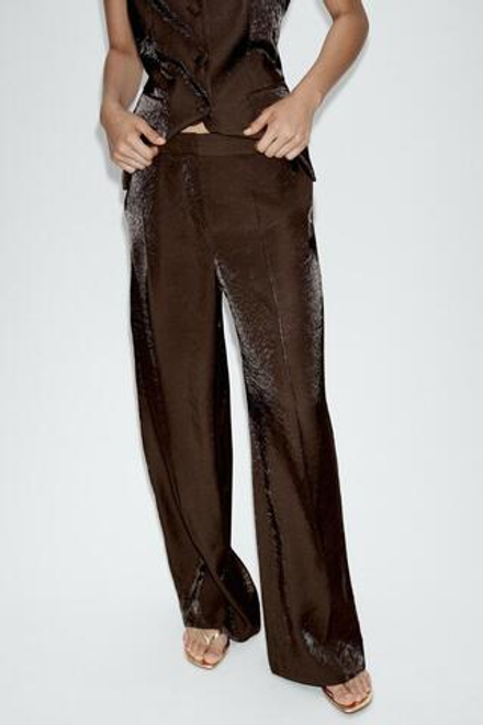 ZARA БРЮКИ ПРЯМОГО КРОЯ С БЛЕСКОМ, КОРИЧНЕВЫЙ