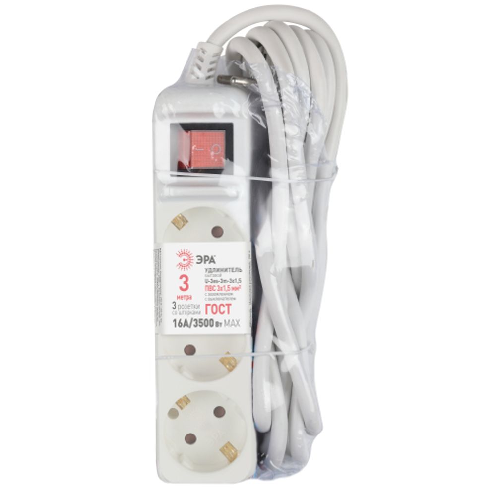 Удлинитель электрический ЭРА U-3es-3m-3x1,5 с заземлением с выключателем 3 розетки 3м ПВС 3x1,5мм2 16А