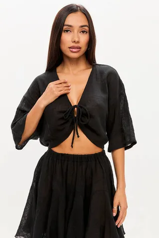 Блуза с завязками из хлопка stone wash черного цвета