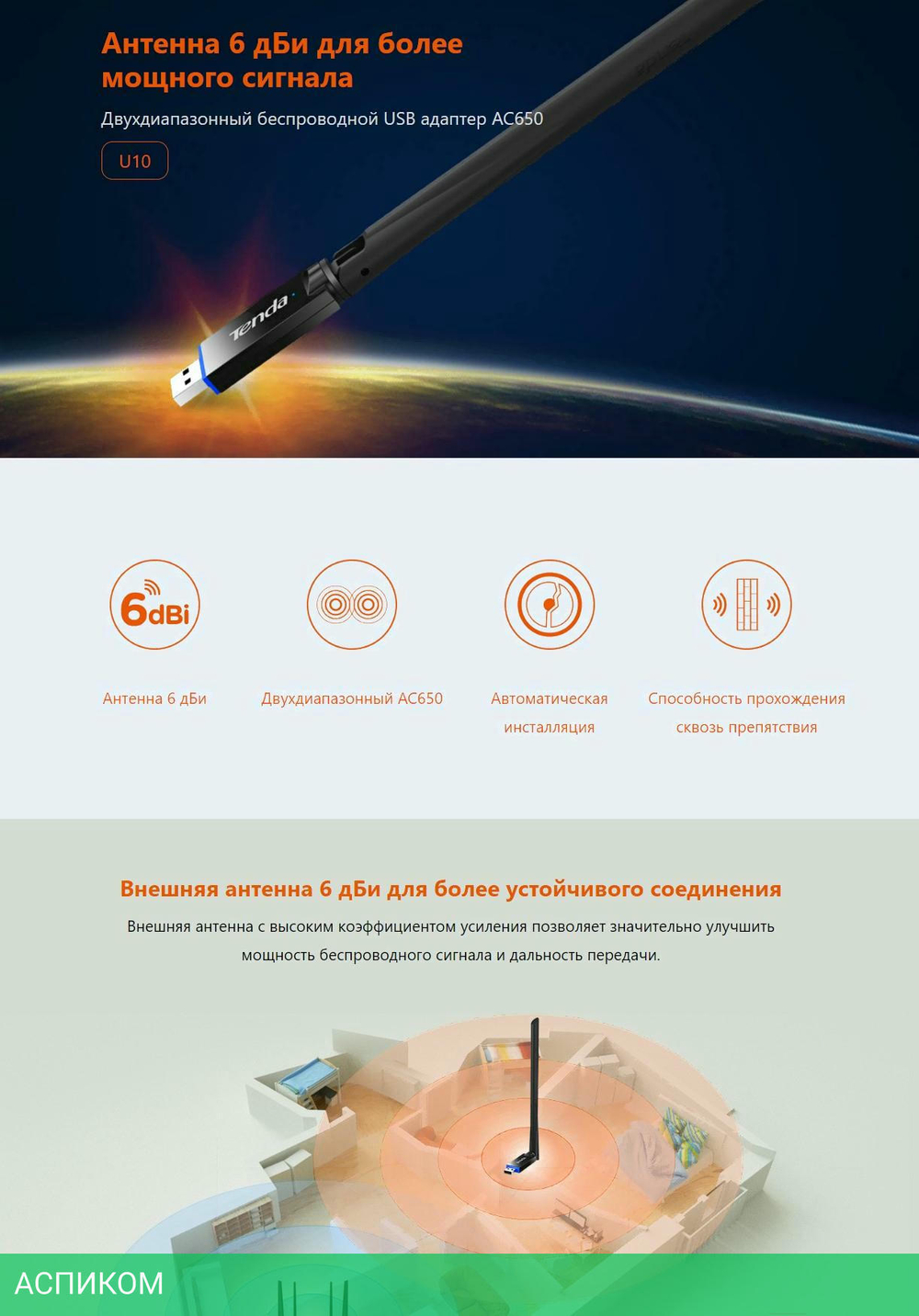 Wi-Fi адаптер Tenda U10