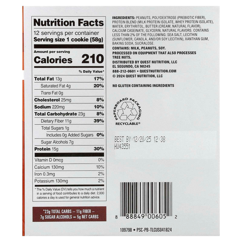 Quest Nutrition, Protein Cookie, арахисовая паста, 12 штук, 58 г (2,04 унции)