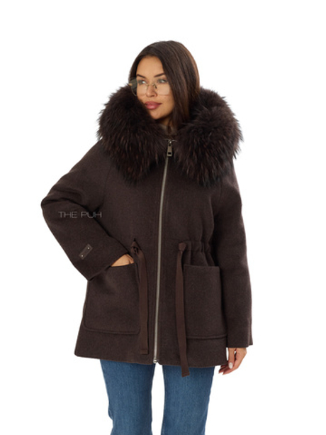Шоколадное шерстяное пальто с пуховым подкладом