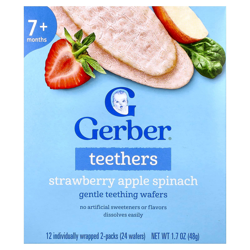 Gerber, прорезыватели, вафли для нежного прорезывания зубов, для детей от 7 месяцев, клубника, яблоко и шпинат, 12 пакетиков по 2 шт. в индивидуальной упаковке по 4 г (0,14 унции)