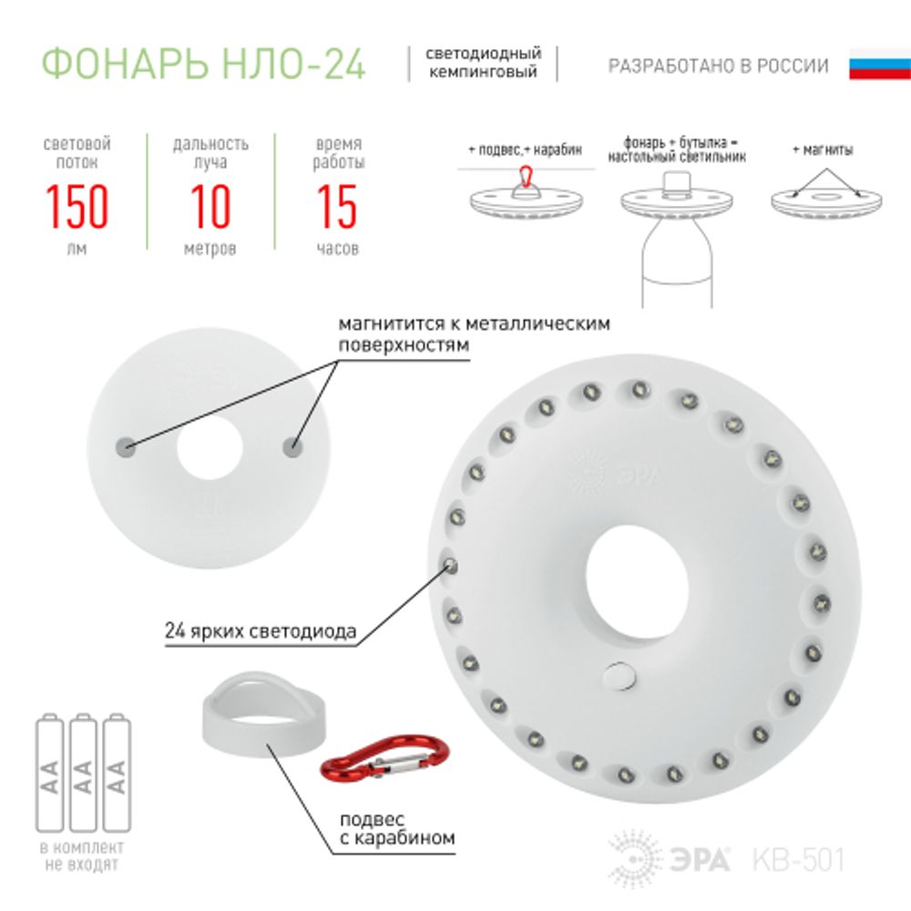 Фонарь кемпинговый светодиодный ЭРА KB-501 НЛО на батарейках с магнитом и карабином походный яркий светильник | Кемпинговые фонари