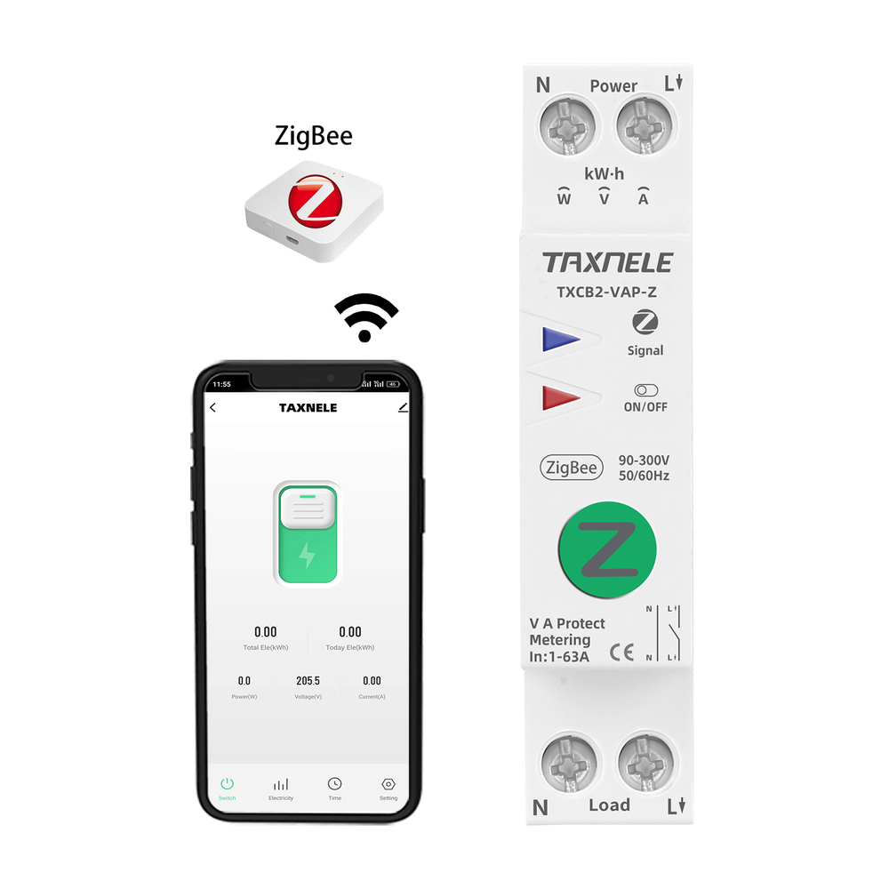 Умное Zigbee реле (выключатель) на DIN-рейку Taxnele TXCB2-VAP-Z с мониторингом энергопотребления / функциями защиты (Tuya / Smart Life)