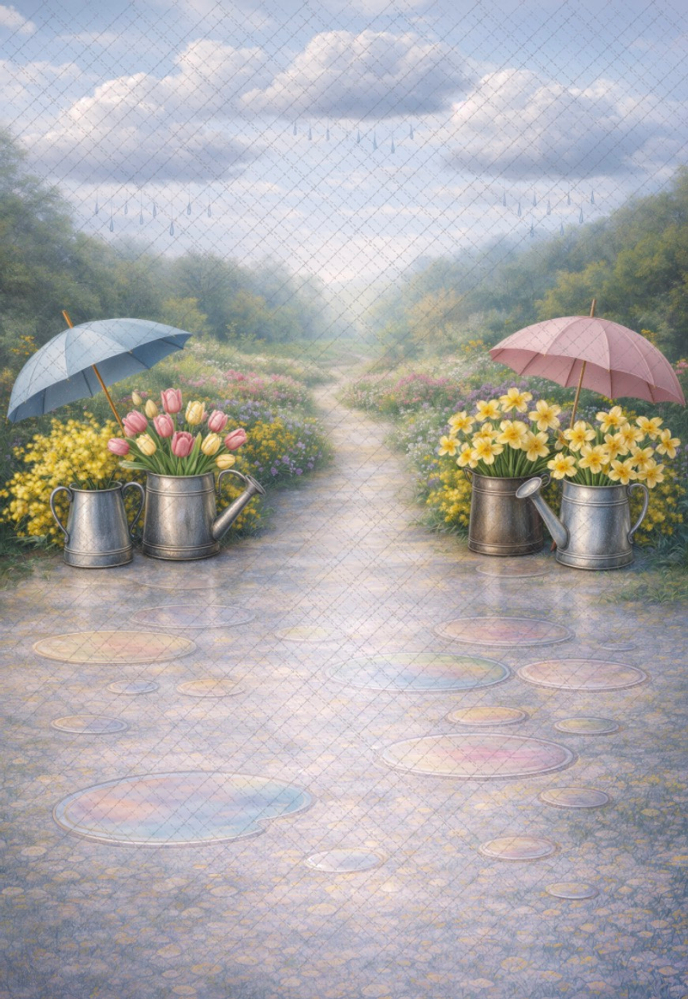 Дет сад облака и зонтики (реалистик) - фон неопреновый