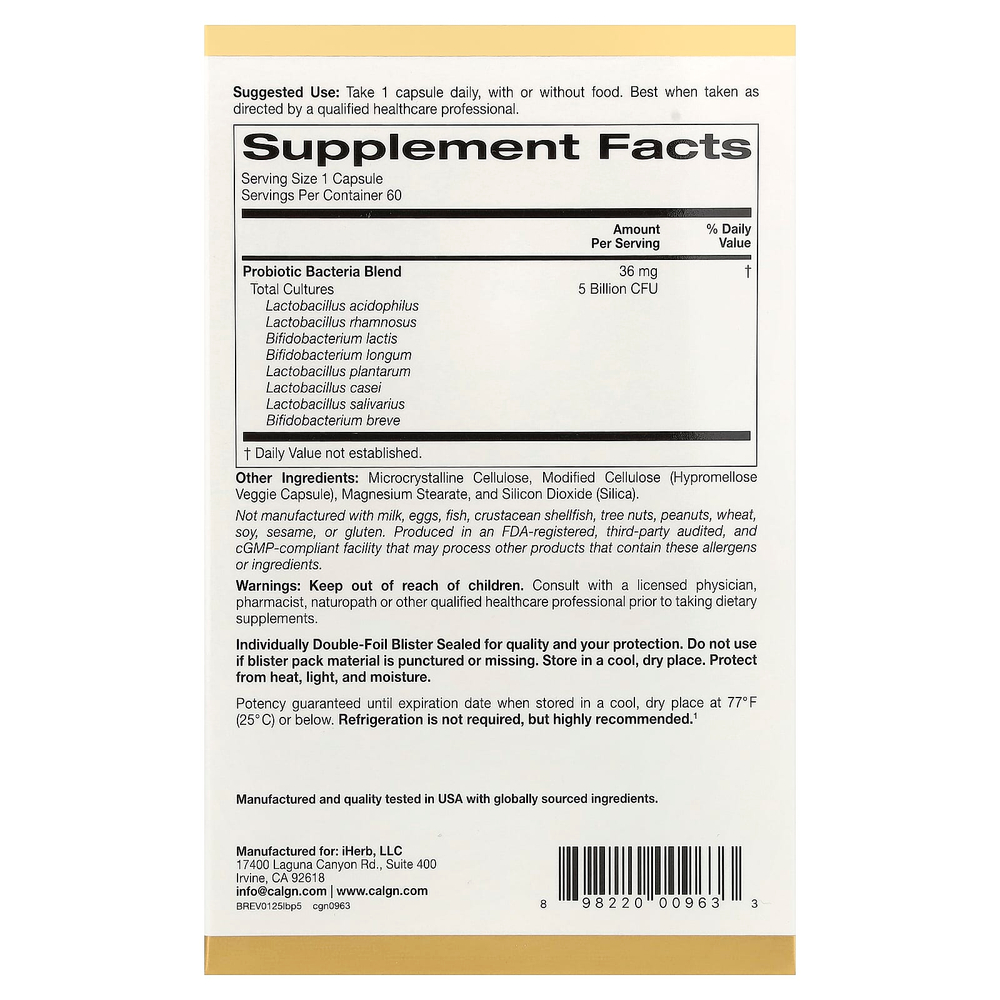 California Gold Nutrition, LactoBif® 5, пробиотики, 5 млрд КОЕ, 60 растительных капсул