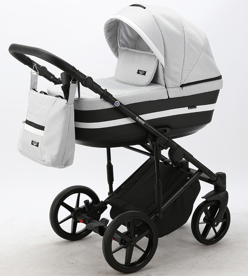 Детская коляска Adamex Rimini 2 в 1 RI29-LUX СВ.СЕР.ЖАККАРД+ЧЕРН.КОЖА+БЕЛ.ОТДЕЛКА