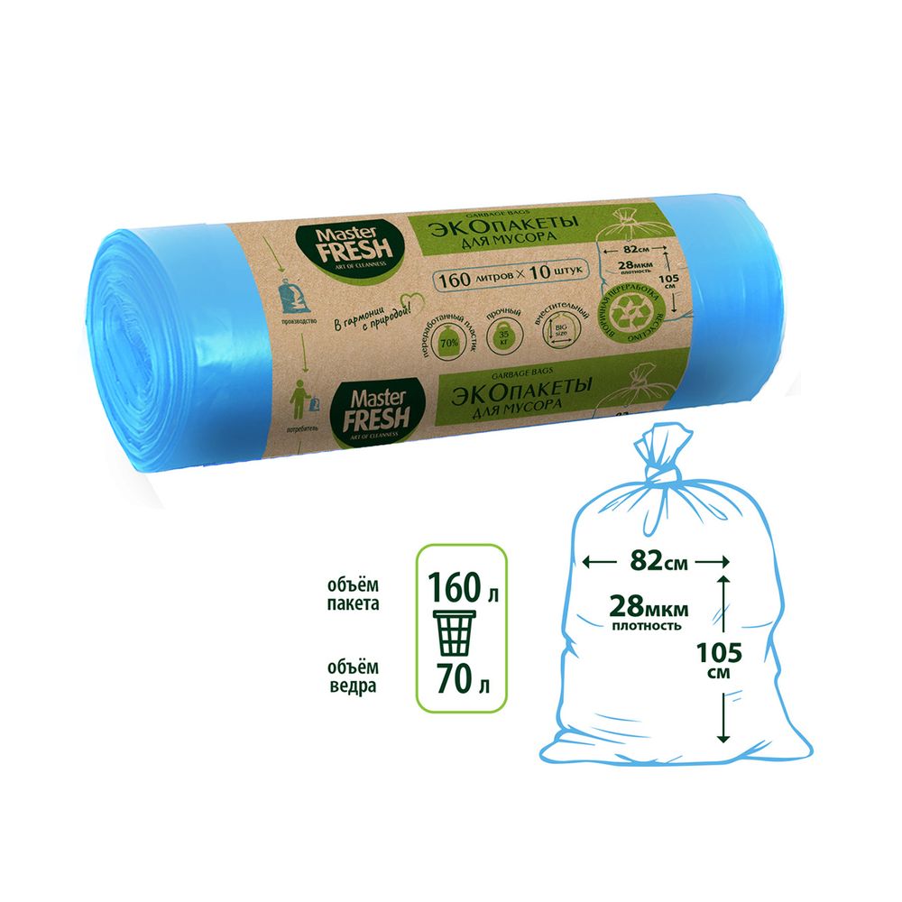 Пакеты для мусора Master Fresh, 28 мкм, 160 л, 10 шт, голубые 218467