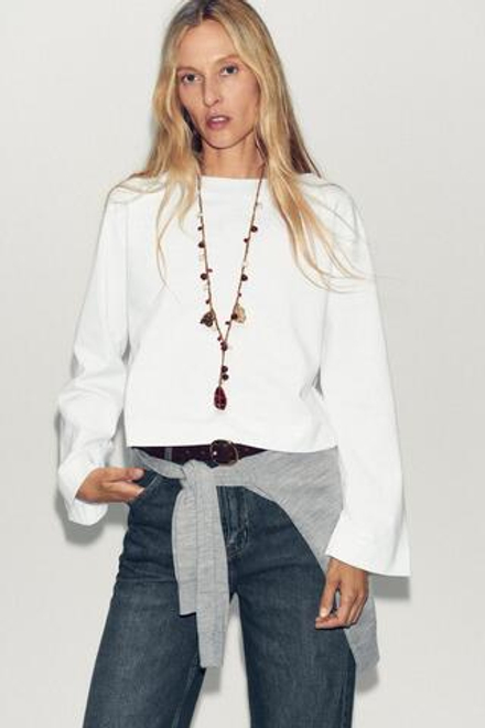 ZARA ФУТБОЛКА С ВЫРЕЗОМ «ЛОДОЧКА», БЕЛЫЙ