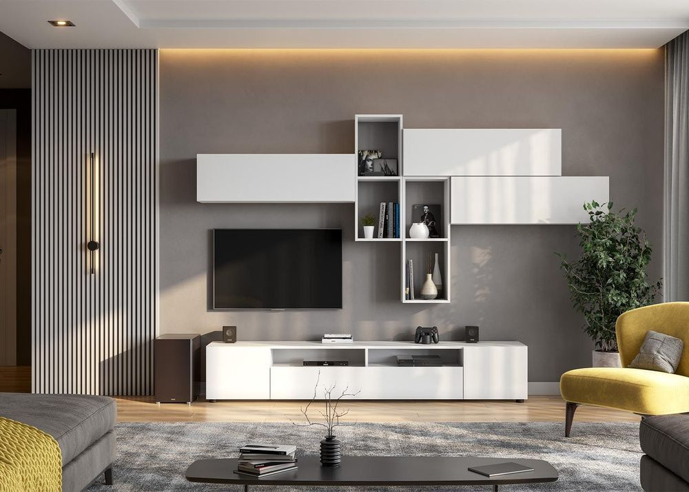 Тумба под телевизор подвесная Белый, Токио, 200х34х35 см Астрид-Мебель