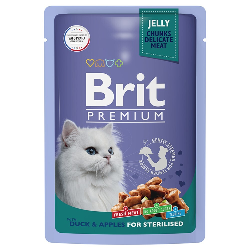 Brit Premium Sterilised консервы для кошек стерилизованных с уткой с яблоками в желе 85 г (пакетик)