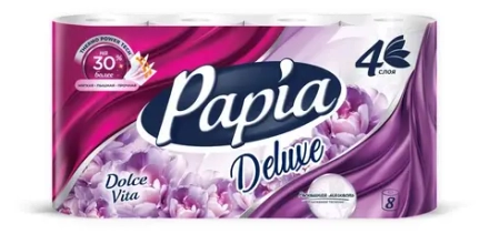 Туалетная бумага PAPIA DELUXE Арома Дольче Вита, 4 слоя, 8 рулонов