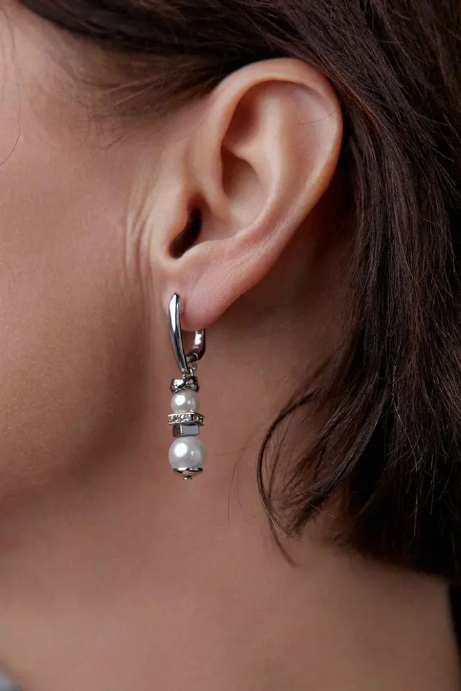 Серьги из белого жемчуга 0,5 и 0,7 см с гематитом и цирконами, серебро
