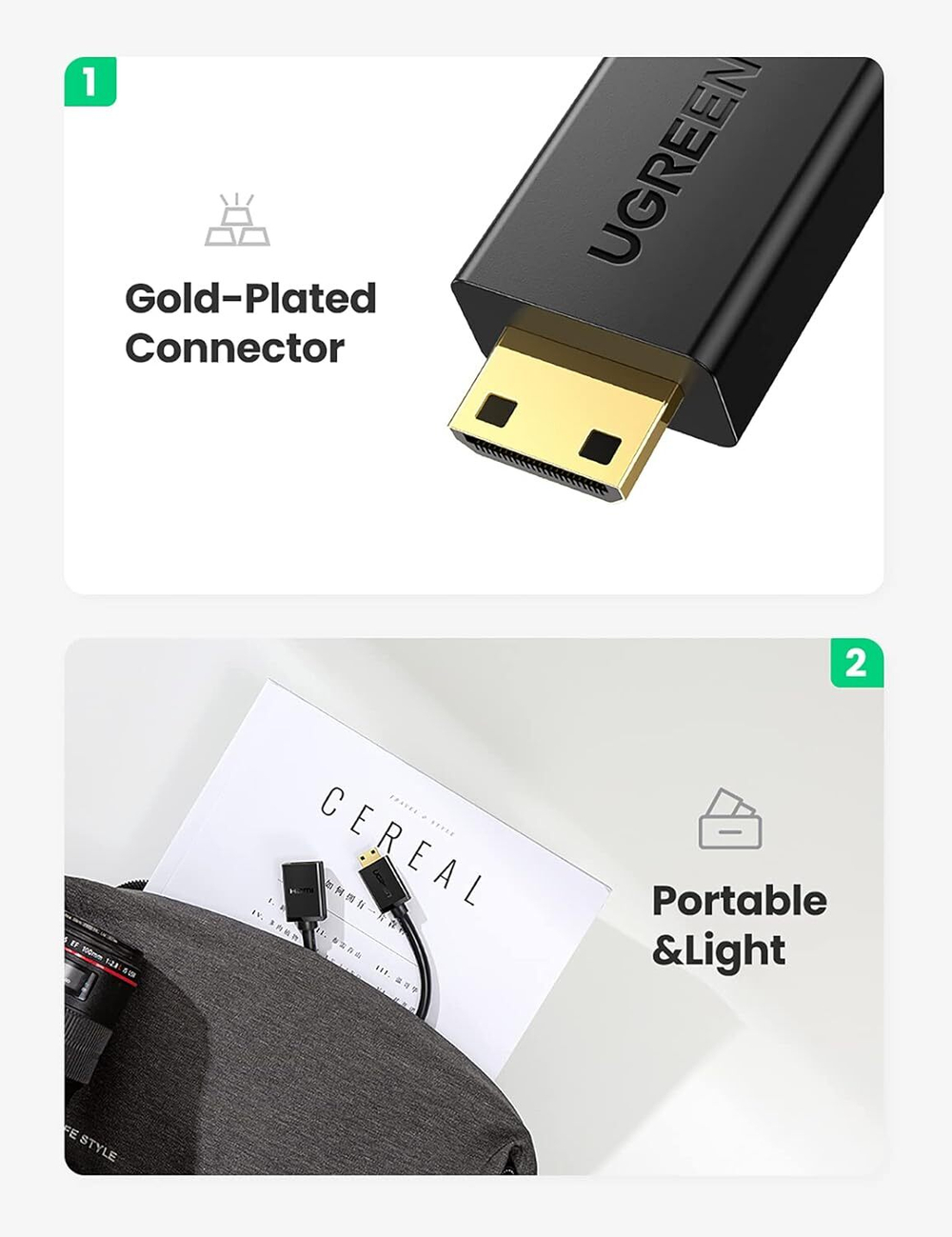 Кабель-переходник HDMI - mini HDMI, V2.0, 4K@60Hz, 22см, UGREEN 20137