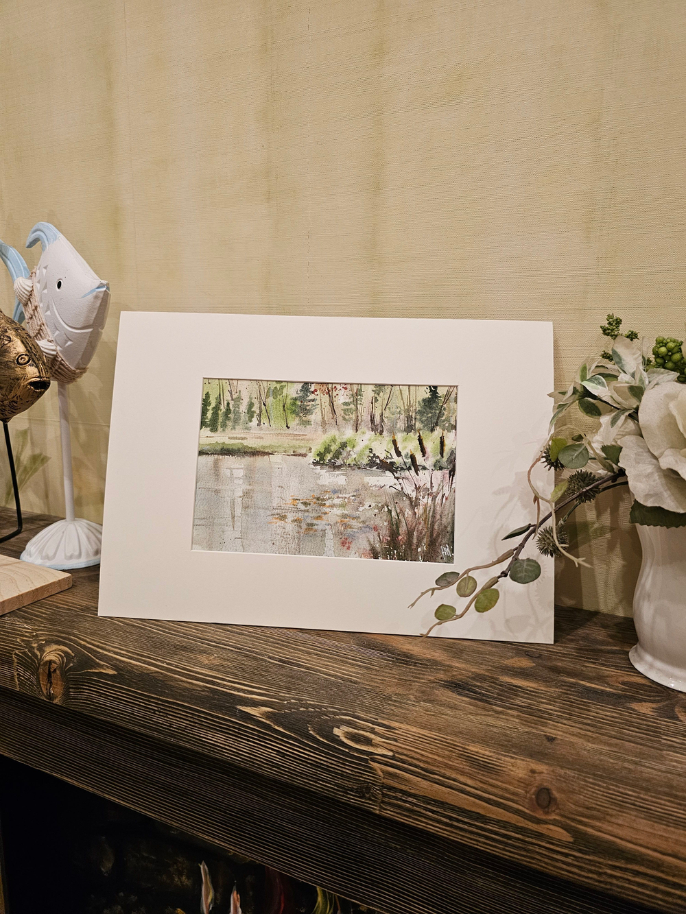 Картина авторская акварельная в паспарту 21х30 см на стену для интерьера "Пруд у беседки в Веребково"