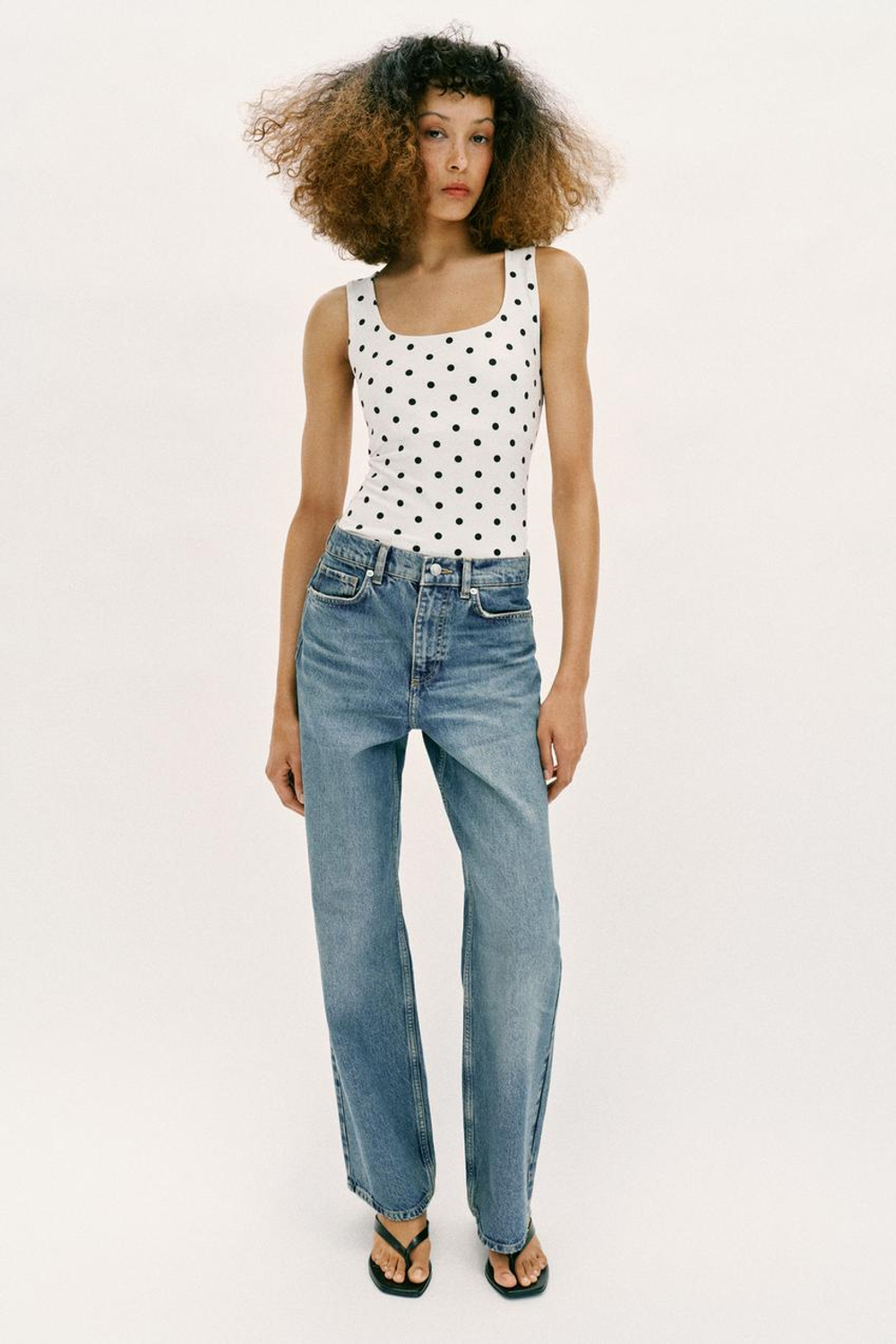 ZARA ТОП ИЗ ПОЛИАМИДА С ШИРОКИМИ БРЕТЕЛЯМИ, ЭКРЮ/ЧЕРНЫЙ