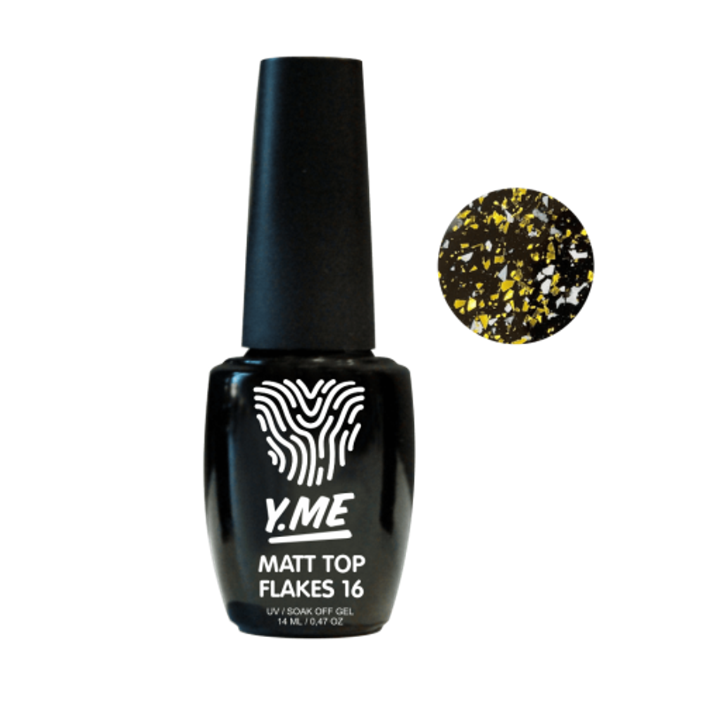 Y.me Top Flakes 16 (матовый, золотые и белые хлопья), 14 мл.