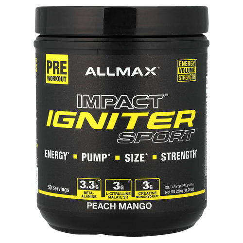 ALLMAX, IMPACT™ IGNITER Sport, предтренировочный комплекс, со вкусом персика и манго, 320 г (11,29 унции)