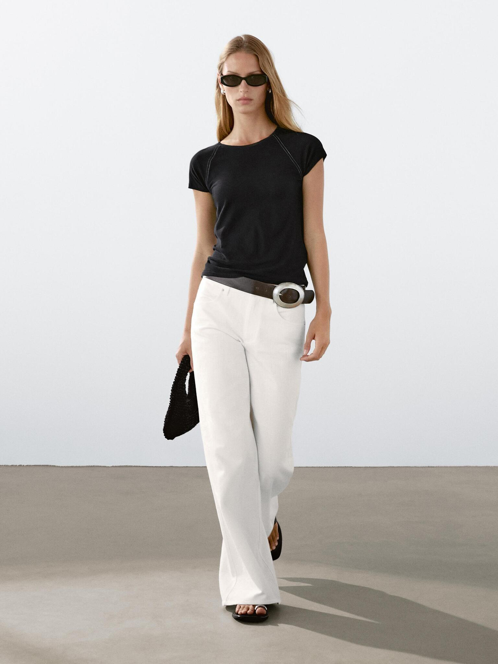 Massimo Dutti Футболка с коротким рукавом и контрастной строчкой, черный