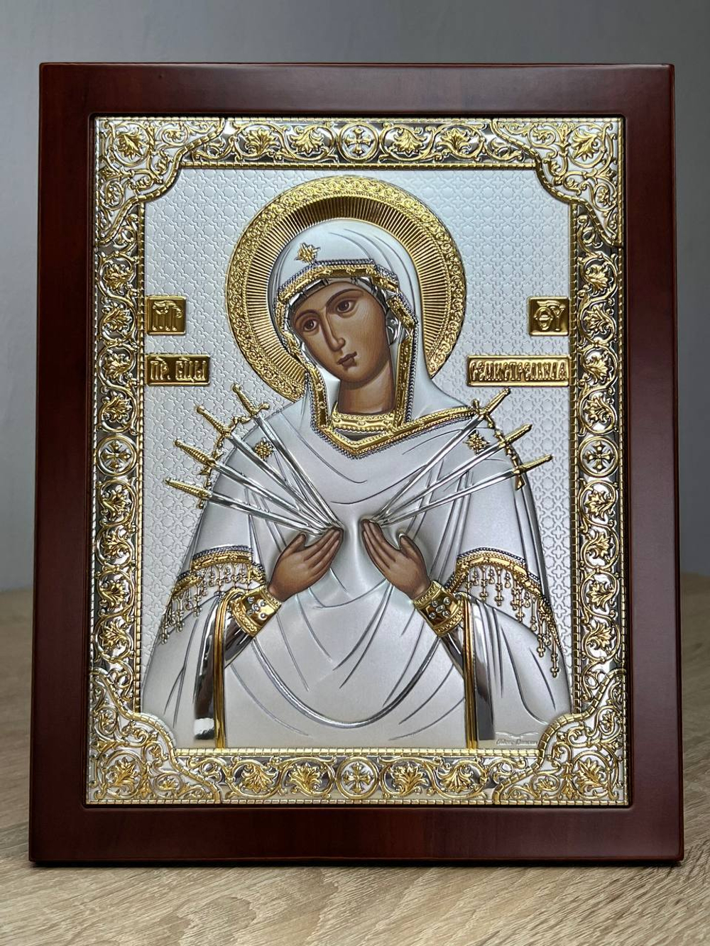 Семистрельная БМ, икона прямоугольная с рамкой, красное дерево 210х260