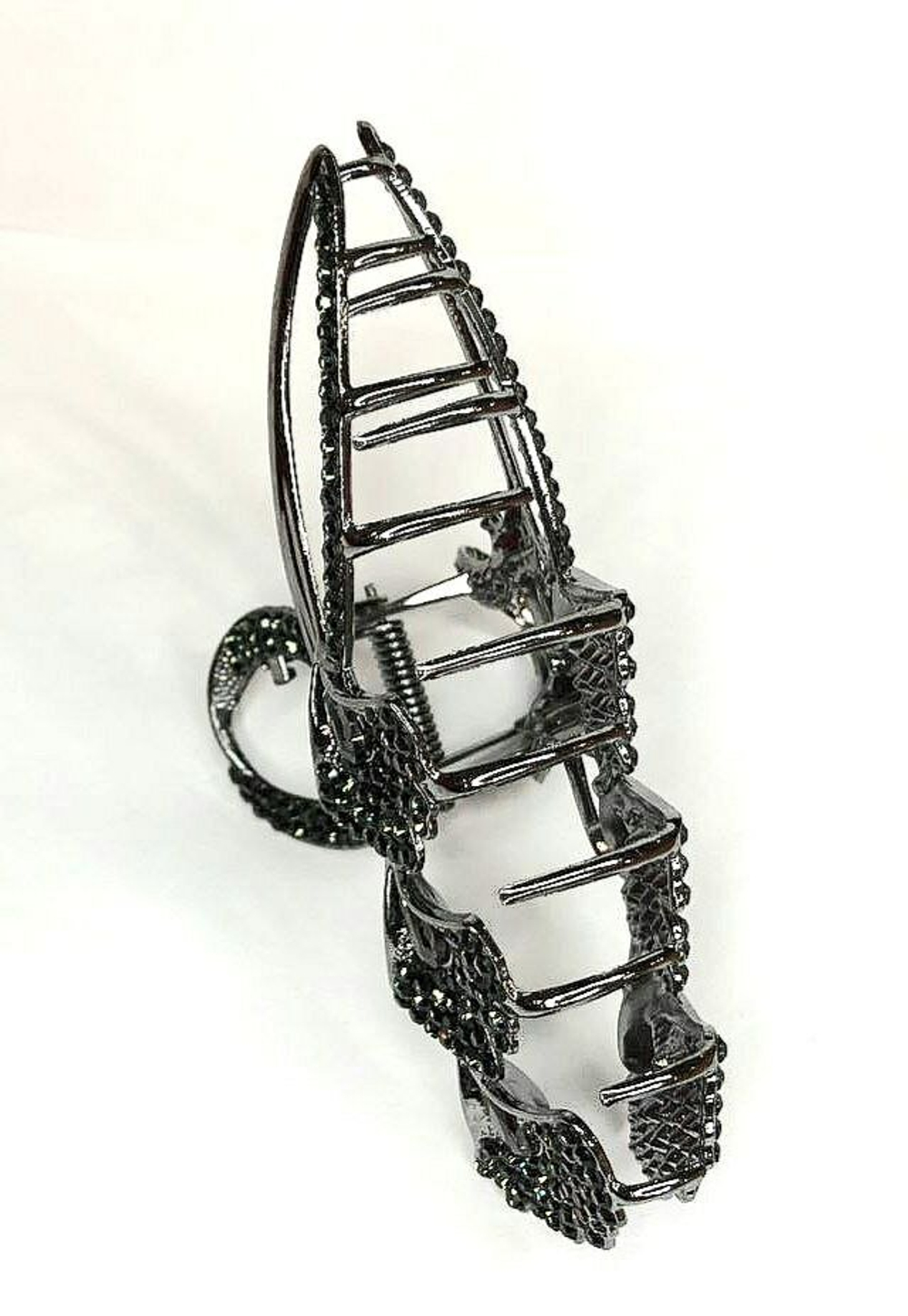 Заколка-краб. Букет из цветов со стразами. Металл. Усиленная. Цвет черный