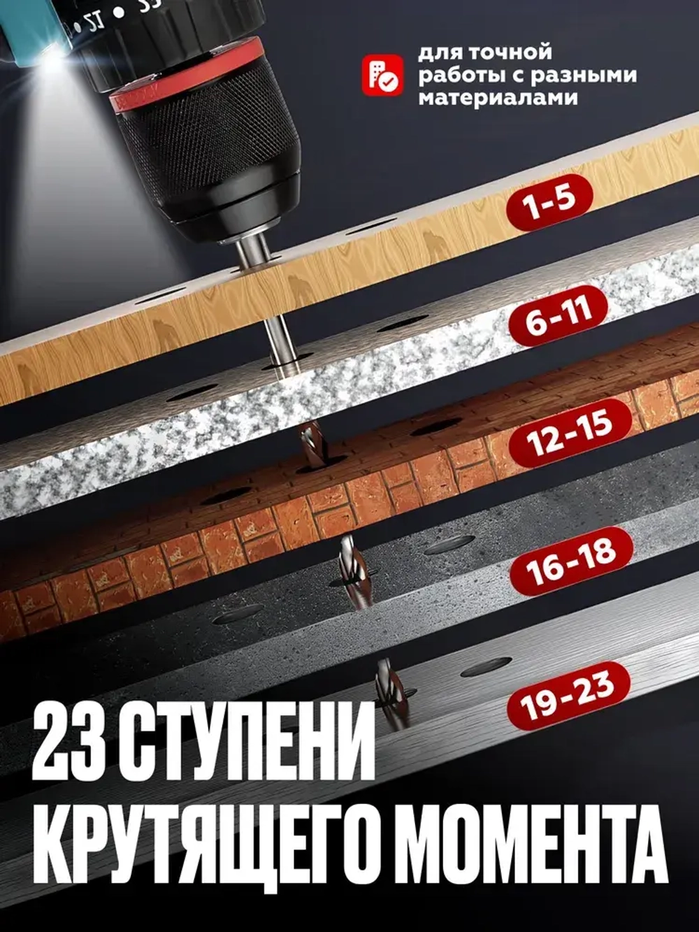 Дрель-шуруповёрт аккумуляторный 48В, 150 Нм, бесщеточный, 2 АКБ 6.1 А ч, ударный режим, с кейсом