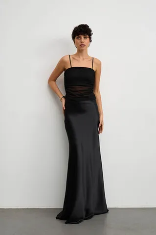 Топ из атласа с сеткой  черного цвета