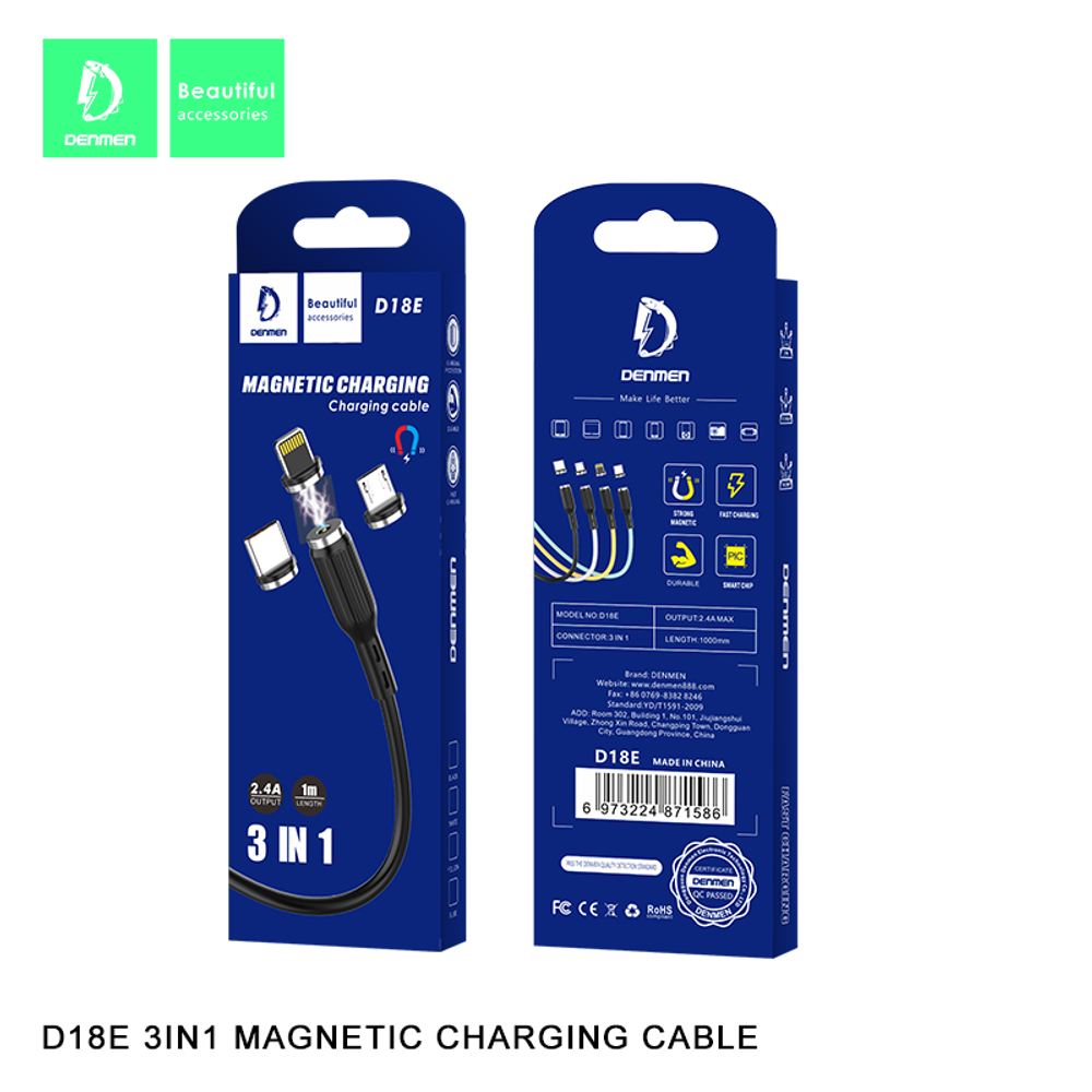 Кабель USB DENMEN D18E 3 в 1 для iPhone/Micro/Type C магнитный (черный) 1m