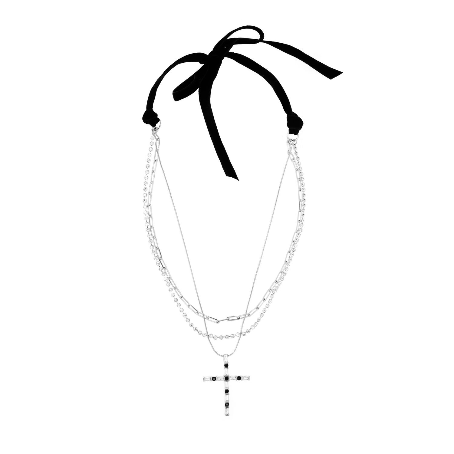 Колье Silver Layered Necklace With A Cross And Black Crystals