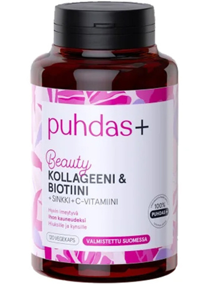 Пищевая добавка Puhdas+ Beauty Коллаген и Биотин 120 капсул, благополучие вашей кожи, волос и ногтей