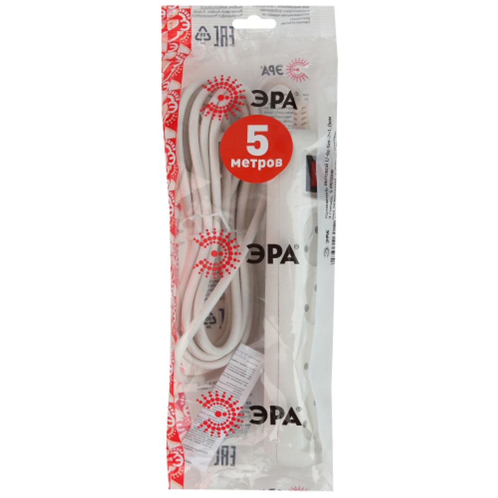Удлинитель электрический ЭРА U-4s-5m-2x1 без заземления c выключателем 4 розетки 5 м ПВС 2x1мм2 10А