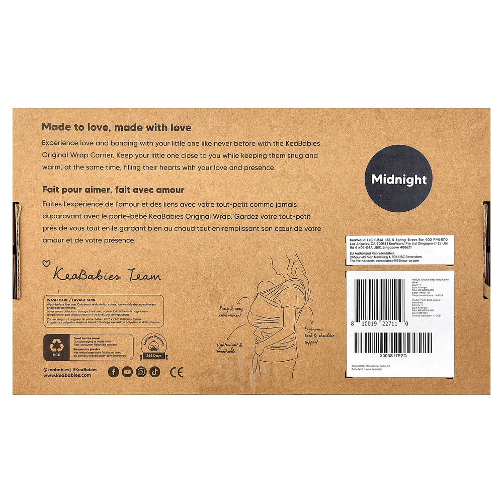 KeaBabies, Original Baby Wrap-перевозчик, для детей в возрасте 0–36 месяцев, полночный, 1 шт.