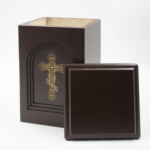 Урна для праха из березы «Арка» коричневая с гравировкой Крест
