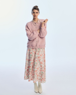 Юбка на шнуровке из розового шелка с авторским принтом