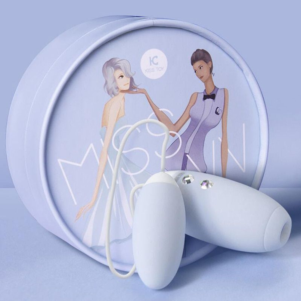 Нежно-голубое виброяйцо с вакуум-волновым пультом Kiss Toy Miss VV (Цвет: нежно-голубой)