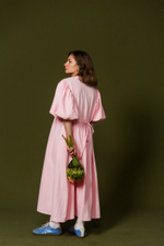 Платье с жабо и рукавами-фонариками, розовый хлопок