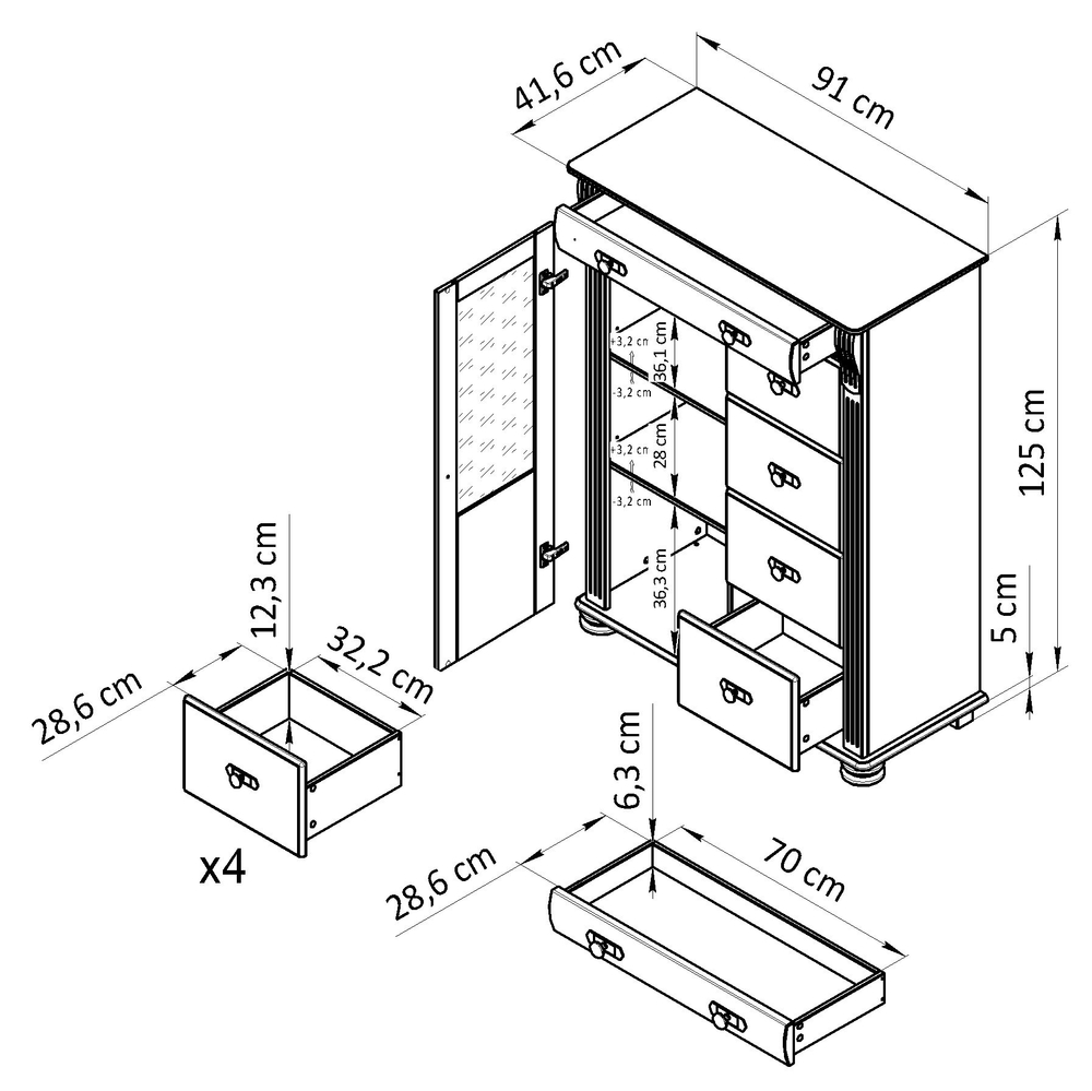 Комод 91х42х125, Susanna, я ящиками для вещей одежды игрушек, в прихожую гостиную детскую, массив сосны, зеленый, Dipriz