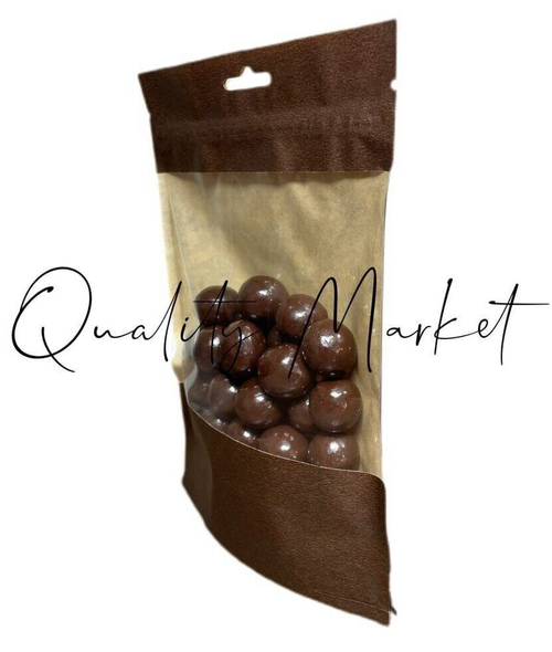 Пакет "Дой-пак" бумажный с ЗИП замком и прозрачным окошком 135х200+(35+35) мм (коричневые) с европодвесом