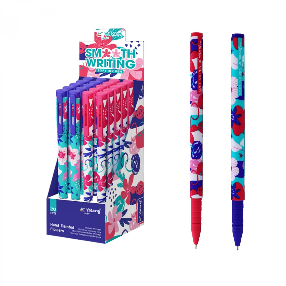 Ручка шариковая Yalong, на масляной основе, "Розовые цветы", 0,7 мм, синяя, игольчатый наконечник, цветной пластиковый корус, карт. уп