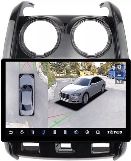 Магнитола для Renault Duster 1 2015-2020, Lada Largus 2021+ (мультируль/джойстик, рамка большая глянец) - Teyes CC3-2K-360 монитор 13" 2K QLED на Android 10, 6+128Гб, CarPlay, 4G SIM-слот, 4 камеры в комплекте