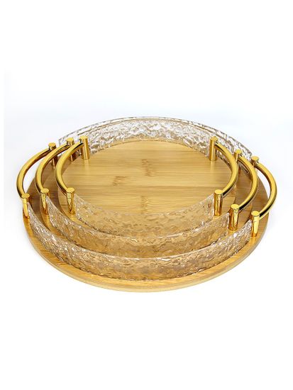 Поднос круглый 35 см. из бамбука с золотистыми ручками и бортиками из акрила