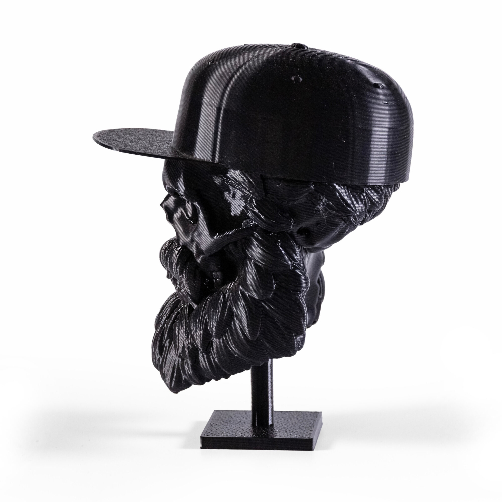 Бородатый череп в кепке, фигурка для декора интерьера, арт-объект, коллекционный предмет, 3D печать, черный 16 см.