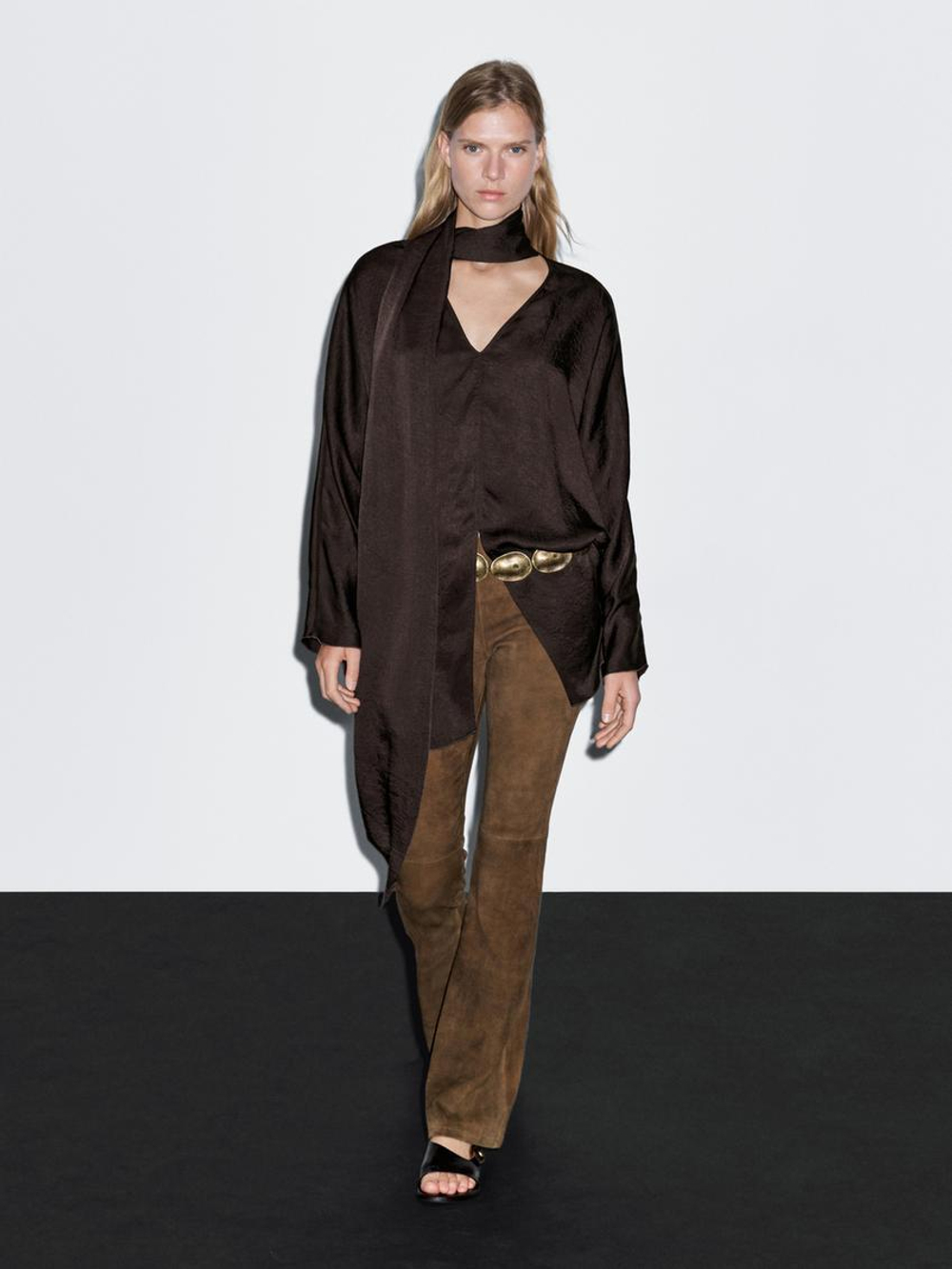 Massimo Dutti Длинная блуза из струящейся ткани с завязками на горловине, коричневый