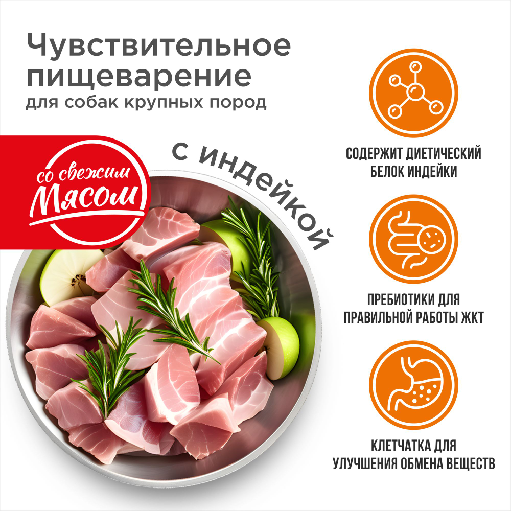Корм сухой для взрослых собак крупных пород, премиум полнорационный комплекс, чувствительное пищеварение, с индейкой, 2,5 кг, QUATTRO