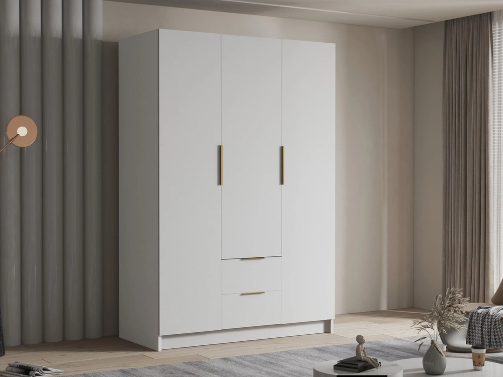 Распашной трехсекционный шкаф Эмма с 2 ящиками, с золотыми ручками Белый снег 8685 BS  150*60*220